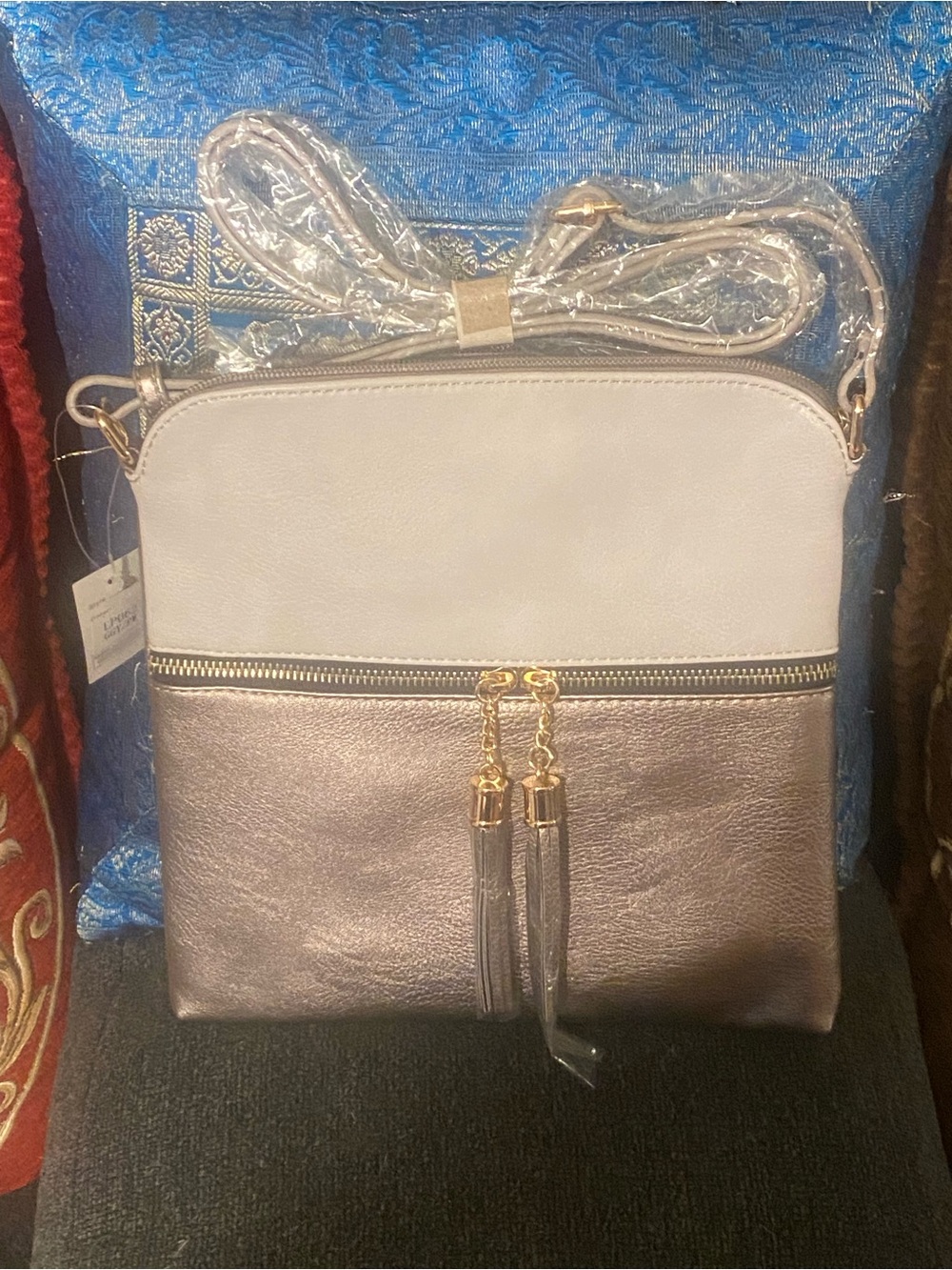 Women’s Two-Tone Crossbody Bag in Light Gray and Metallic Taupe